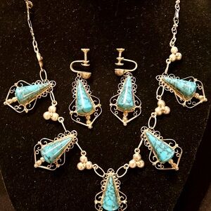1940's Vintage Spiderweb Turquoise and Sterling Silver Necklace/Earring set